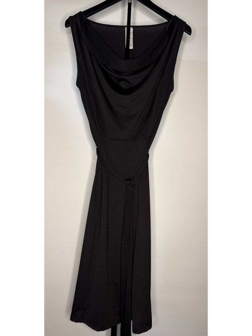 Women's Black Sleeveless Flattering Cowl Neck Midi Dress Self Tie Belt Size M - Picture 1 of 16